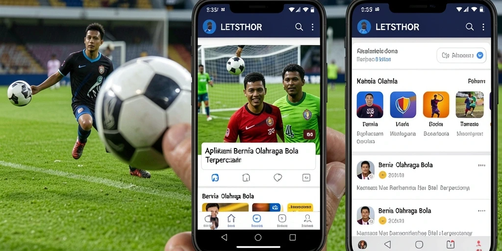 Antarmuka aplikasi LETSTHOR menampilkan berita dan statistik olahraga bola.